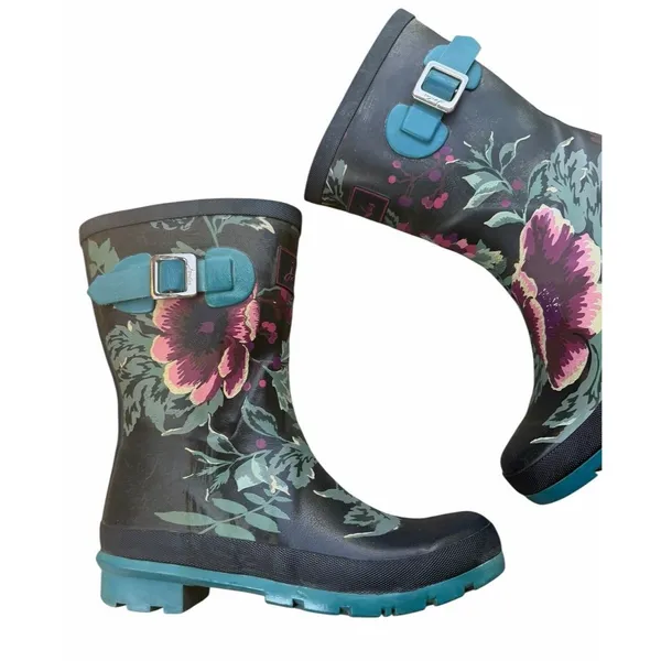 Joules Womens Molly Welly Rainboots Blue Floral Pattern Pink Floral Rain Boots 7 - Image 11