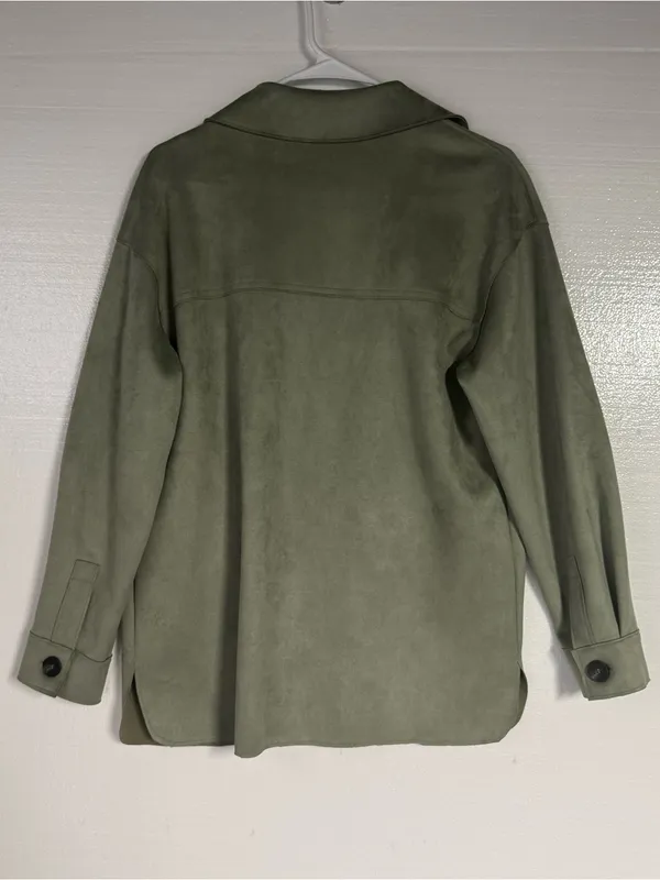 Zara Jacket Women XS Olive Green Faux Suede Utility Overshirt Button Front Soft - Image 6