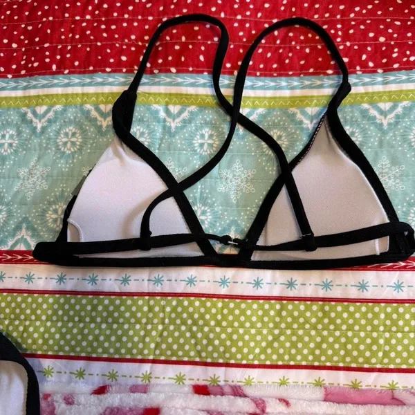 Black Ribbed Triangle Bikini Top Thong Swimsuit Set Size S - Image 3