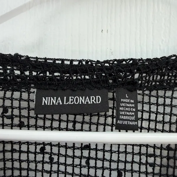 Nina Leonard black loose crocheted net drapey button‎ cropped sleeve cardigan L - Image 3