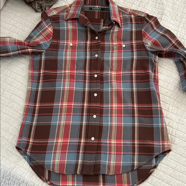 Ralph Lauren, brown blue rose plaid button-down, cotton western shirt S​​ - Image 13