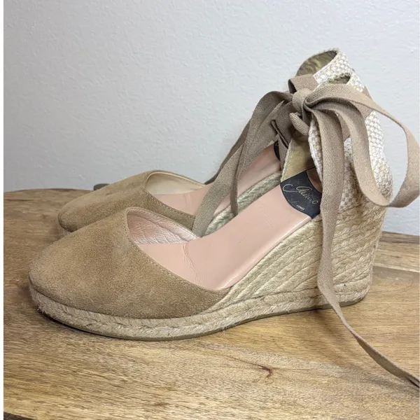 Gaimo Tan Suede Espadrille Wedges Ribbon Ankle Tie Made in Spain EU 37 - Image 2