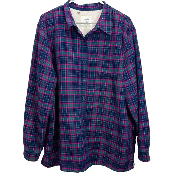 LL Bean Colorful Plaid Sherpa Fleece Lined Flannel Shirt Jacket Shacket Size XL - Image 2