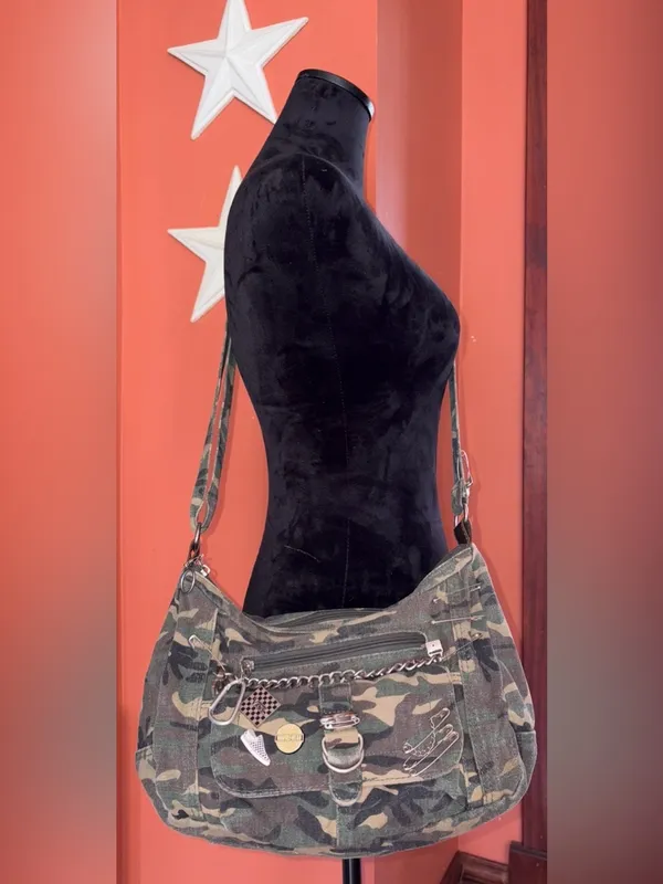 Vintage Y2K 2000’s Camouflage Canvas Shoulder Bag with junk pins - Image 2