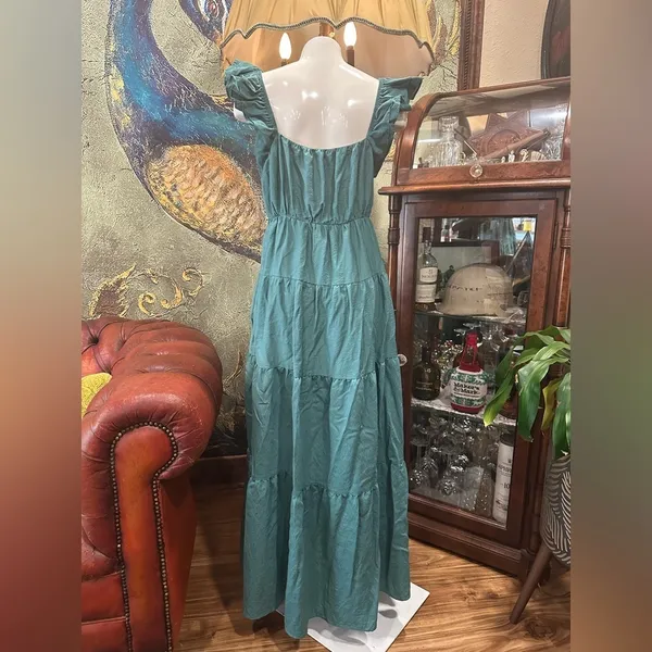 Davi & Dani Boho Minimalist Tiered Maxi Dress Teal Blue Flutter Sleeve Large - Image 6