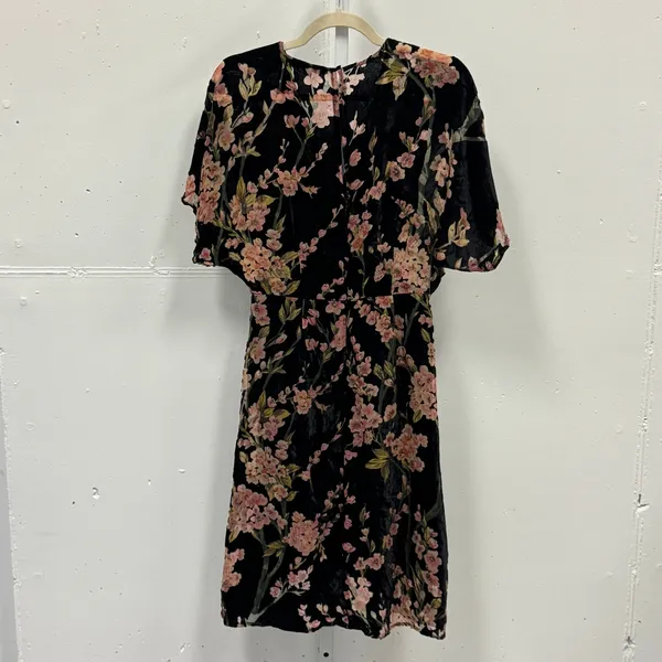 Lucy Paris‎ Black Floral Velvet Burnout Faux Wrap Midi Dress Pink Flowers Small - Image 2