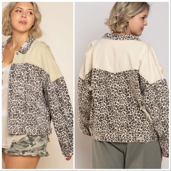 POL Leopard Print Distressed Denim‎ Jacket Tan Colorblock Oversized S Western - Image 3