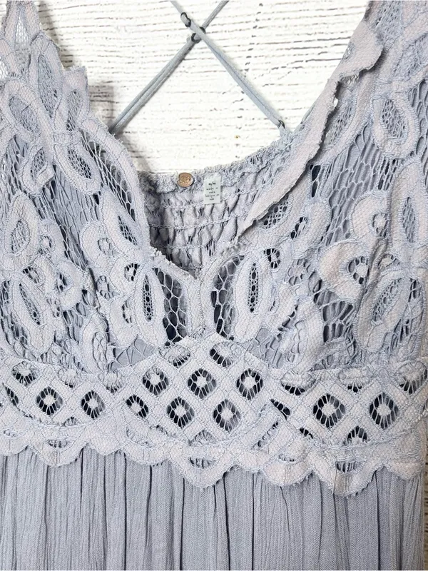 Free People Adella Crochet Lace Maxi Slip Dress in Light Gray Size Medium - Image 5