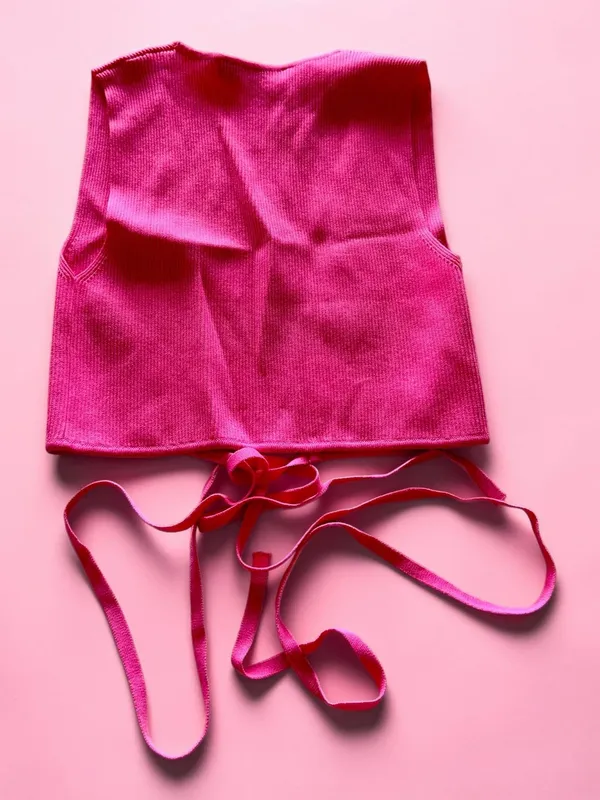ZARA Pink Ribbed Knit Wrap Cropped V-Neck Top‎ - M - Image 2