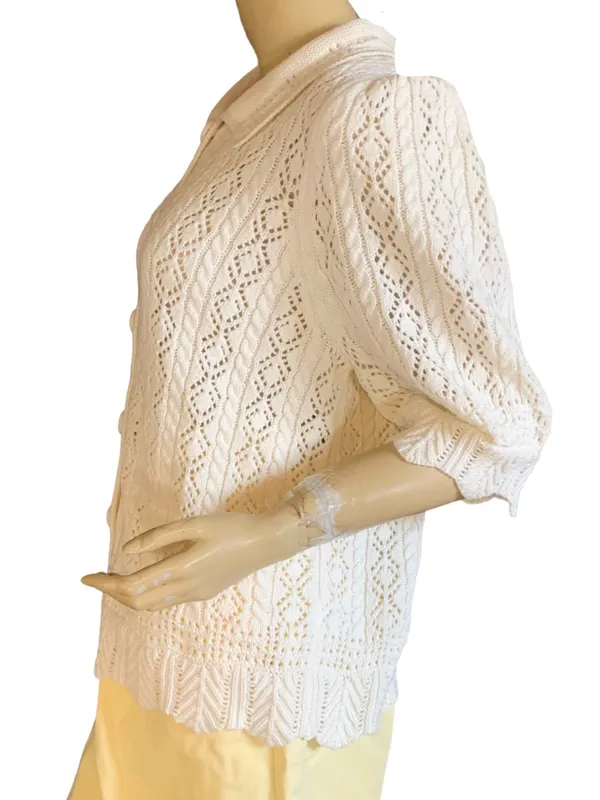Lands' End Pointelle Knit Cotton Blend White Puffed Sleeve Cardigan (Xl) - Image 4