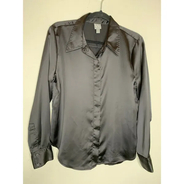 Worthington Black Satin Button Up Blouse Sz Large Whimsygoth Goth - Image 5