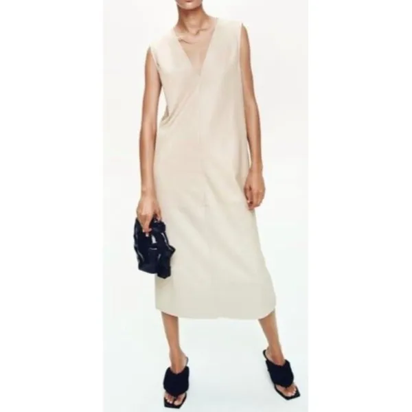 ZARA Ice Faux Leather Tunic Dress‎ Cream Tan Midi Shift Dress Pockets Medium - Image 2