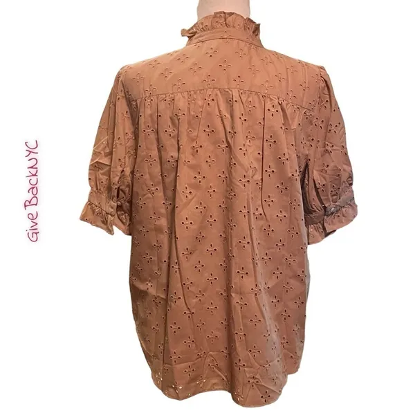 Ann Taylor Eyelet Ruffle Button Down Blouse Beige Size LP - Image 2