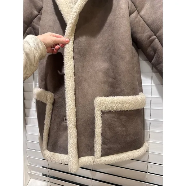 Abercrombie & Fitch Faux Suede Shearling Coat Womens XS Brown Cream Lined Jacket - Image 4