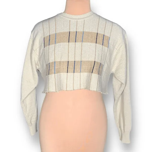 Vintage Sweater Tan Knit Striped Custom Cropped Crew Neck Indie Lightweight - Image 2