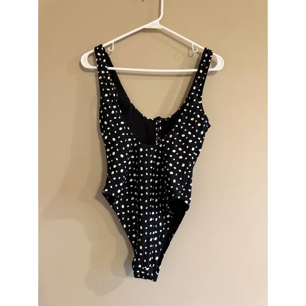 Aerie Polka Dot Henley One Piece Swimsuit Black White Scoop Neck High Cut Medium - Image 2