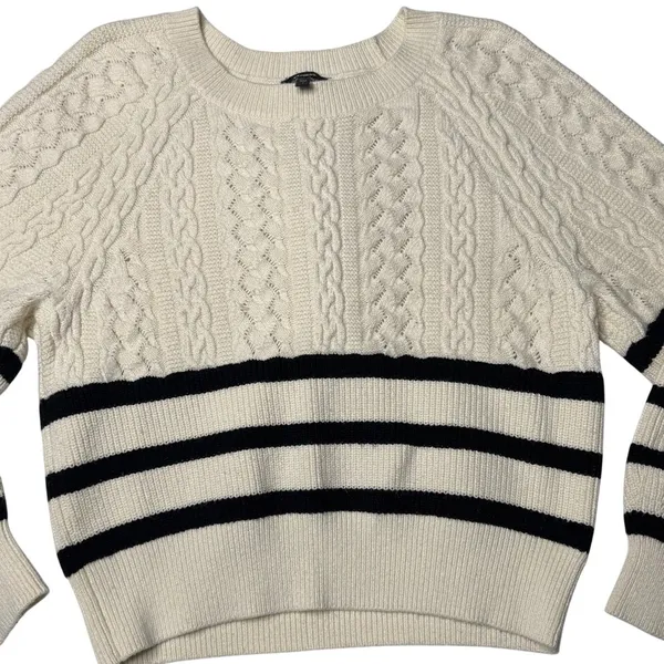 Express Striped Cable Knit Sweater Cream Black Cropped Size S Preppy Coastal - Image 7