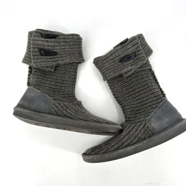 Bearpaw Womens Knit Tall Boots Sheepskin Footbed Fold Down Gray‎ Size 10 - Image 3