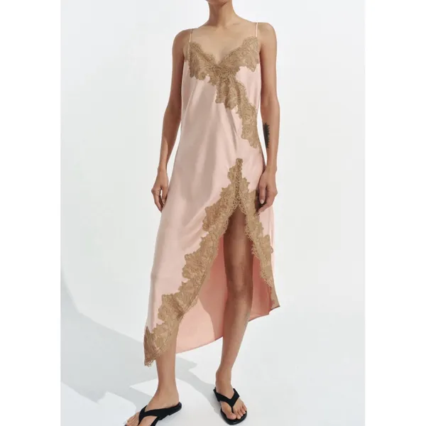 Zara Collection Y2K Lace Tank Dress Satin Pink Brown Fairy Asymmetric Slip - Image 9