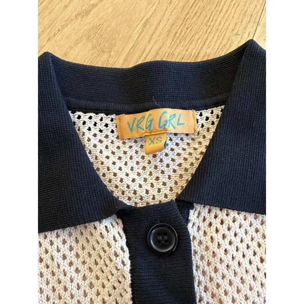 VRG GRL Perforated Knit Cardigan in Light Tan & Black - Image 3