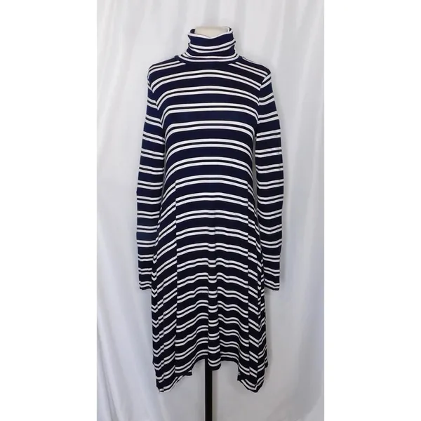 Anthropologie MAEVE Navy Blue White Striped Turtleneck‎ Jersey Knit Dress Small - Image 2