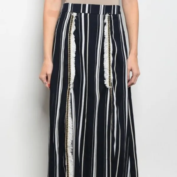 Polagram Navy Blue & White Stripe Split Maxi Skirt Women's Size Large - Image 3