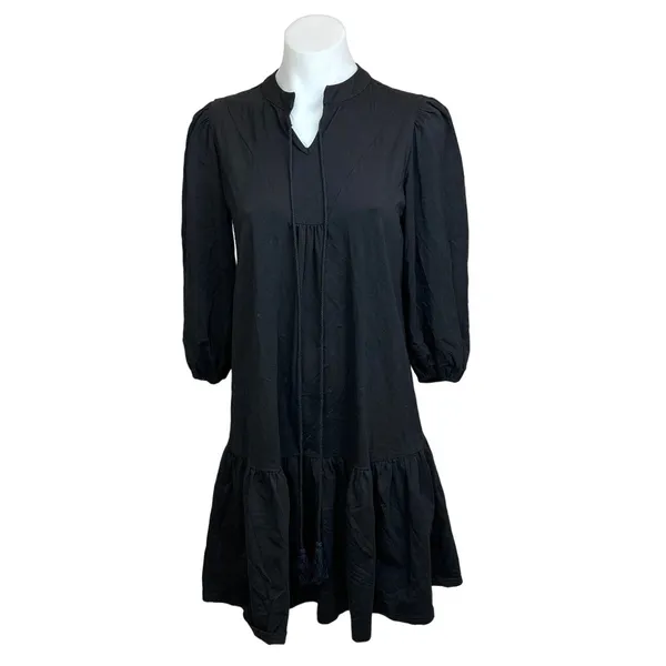 Blank Black Balloon Sleeve Tassel Tie Neck Split V-Neck Tiered Midi Dress Sz XS - Image 2