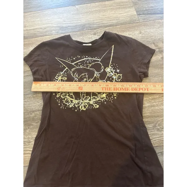 Vintage y2k Disney Tinker Bell Gold Foil Graphic Tee Brown Cotton Shirt Small - Image 3