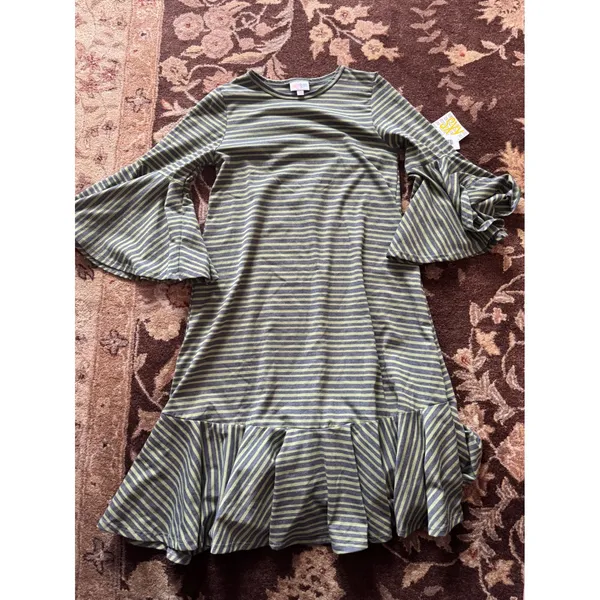 LuLaRoe Carly Dress XXS Green Grey Striped Bell Sleeve Ruffle Hem New With Tags - Image 2