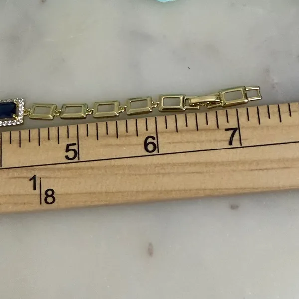 14K Gold Plated XP Link Bracelet Blue Faux Sapphire Emerald Cut Halo 7.25 Inch - Image 3