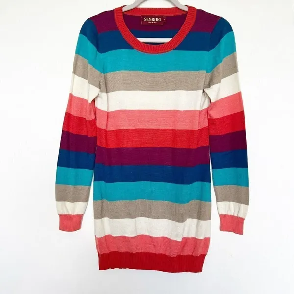 𝅺Vintage wool sweater dress SMALL pink blue Long Sleeve comfy cozy Hippie - Image 5