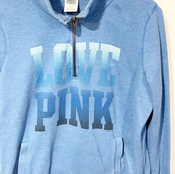 Victorias Secret Pink Medium Blue Spellout Quarter Zip Sweatshirt - Image 2