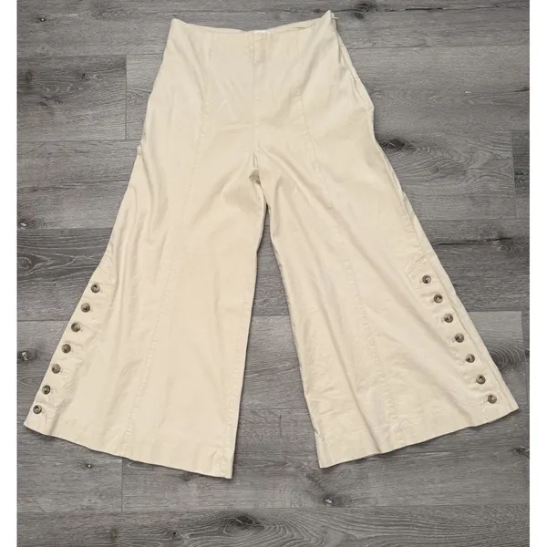Anthropologie Women's 2 Linen Blend Wide Leg Sailor Pants Cream Side Buttons - Image 2