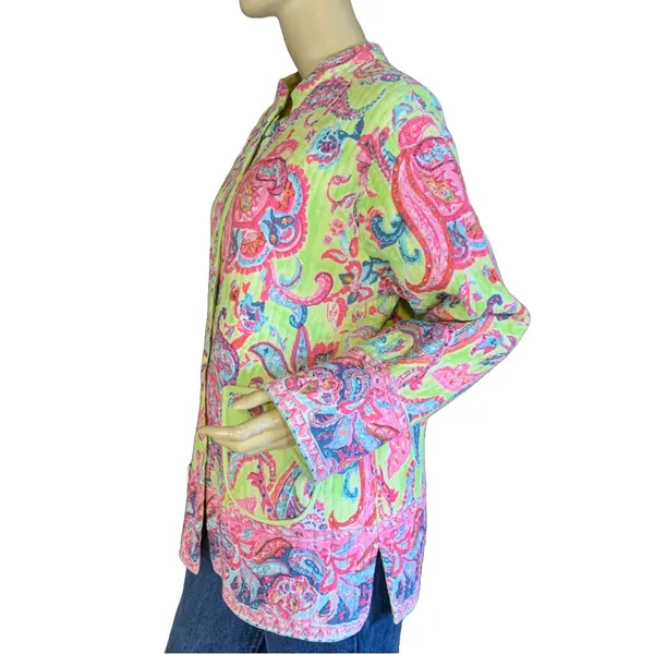 La Cera Pink & Green Paisley Print Quilted Reversible Jacket (L) - Image 4