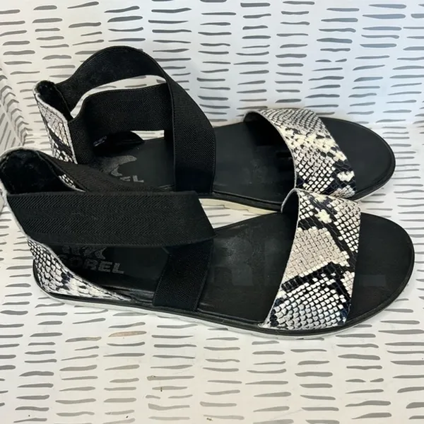 Sorel Ella Sandal Womens 7 Black‎ White Snakeskin Print Elastic Strappy Flat - Image 4