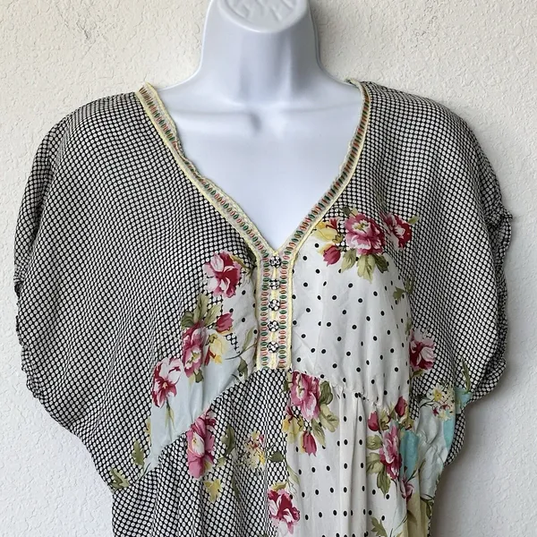 Johnny Was Silk Tunic M floral Embroidered Gathered Waist blouse lightweight - Image 10