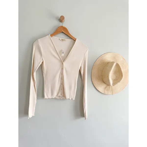 Madewell | NWT Lettuce Hem‎ V Neck Cardigan Ivory Ribbed | Sz XXS - Image 2
