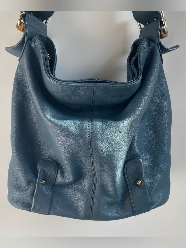Stone Mountain Osprey blue leather bucket bag shoulder bag bamboo buckles Fall - Image 4