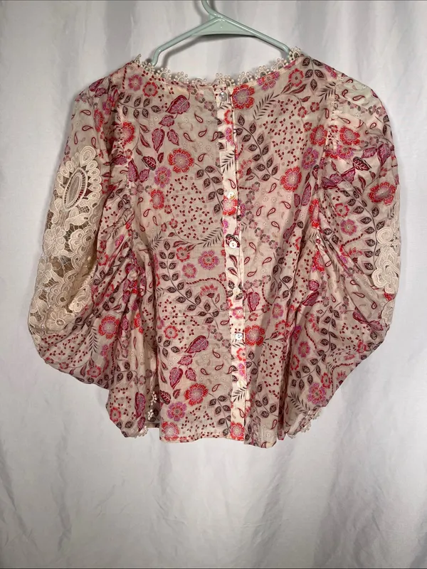 Karlie Womens Paris Floral Crochet Trim Top Blouse Pink Large - Image 6
