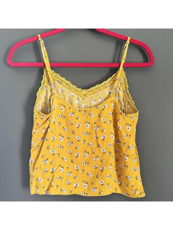 Hollister Yellow Floral Lace Trim Spaghetti Strap Cami Top XS - Image 6