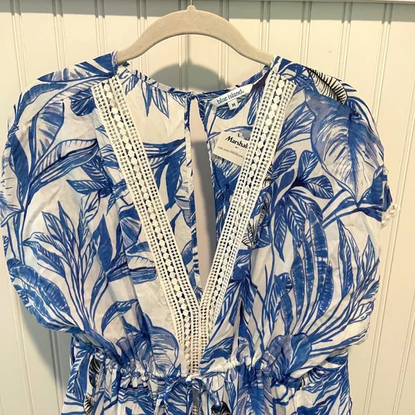 Blue Island Tropical Maxi Cover‎ Up Wmns M Blue White Coastal Crochet Lace Trim - Image 3