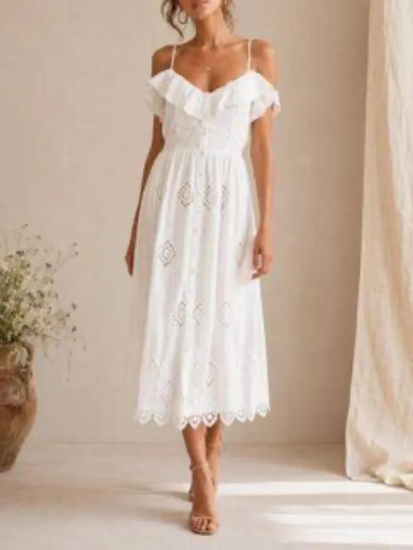 Zara White Eyelet Ruffle Sleeveless Midi Summer Dress Size XS - Image 12