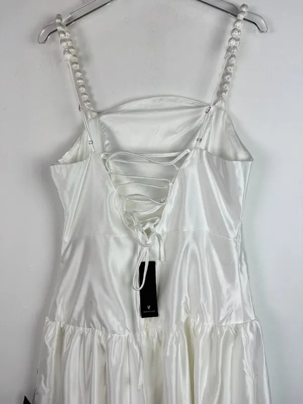 NWT Lulus Modern Adoration White Satin Backless Lace-Up Maxi Dress White Large L - Image 10