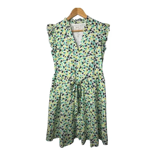 On 34th Floral‎ Flutter Sleeve Dress Womens XS Green White Mini Belted Pockets - Image 2