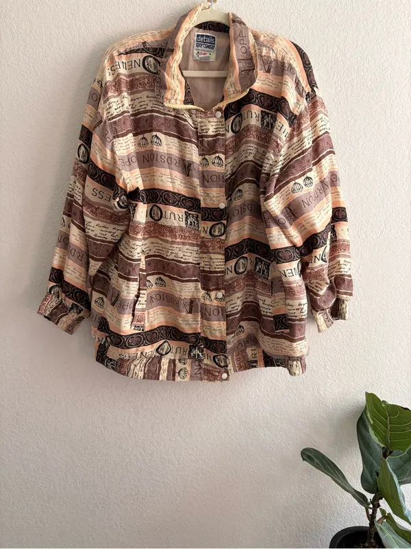 Vintage Details Women’s Sportswear Jacket 2X 100% Silk Zip Up Bomber Brown Lined - Image 2
