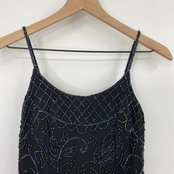 Vintage 90s Pure Silk Beaded Floral Mini Dress Flowy Cocktail Black Womens XS - Image 4