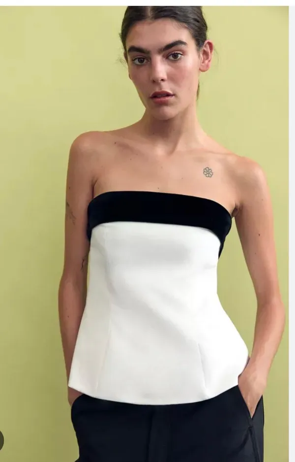 ZARA Strapless Bow Tube White Top Black Velvet - Image 2