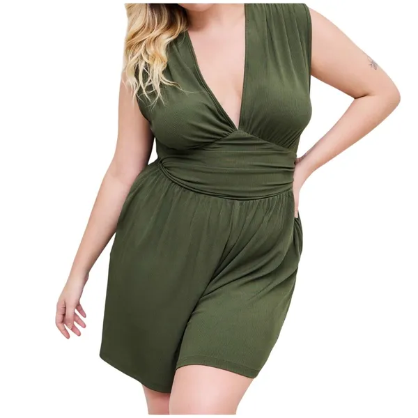 Cider Green Jersey V-Neck Ruched Romper Plus SZ 1XL One piece Casual Wear Shorts - Image 4