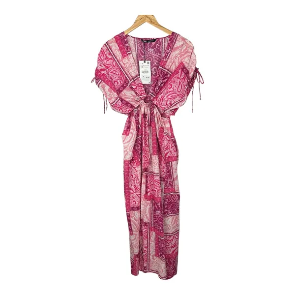 Zara Patchwork Paisley Cotton Maxi Dress Cutout Side M Pink NWT Blogger Favorite - Image 2