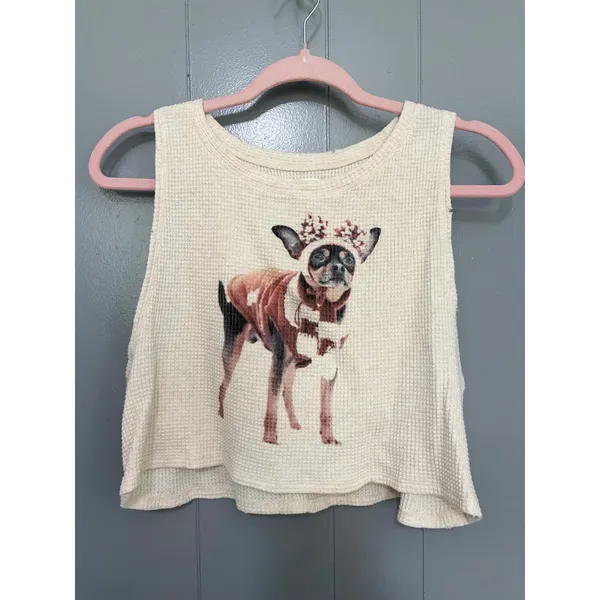 Offline by Aerie Wow Waffle Knit Cream Chihuahua Distressed Crop Tank Top M - Image 2